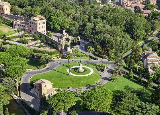 Vatican Gardens: aerial view with the Monument to Saint Peter, Gardener’s House, and Monastero Mater Ecclesiae